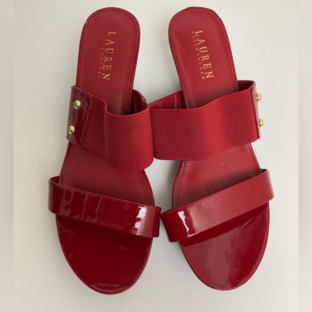 *Lauren Ralph Lauren Rihanna Red Patent Leather Platform Wedge Slip on Sandal#SR